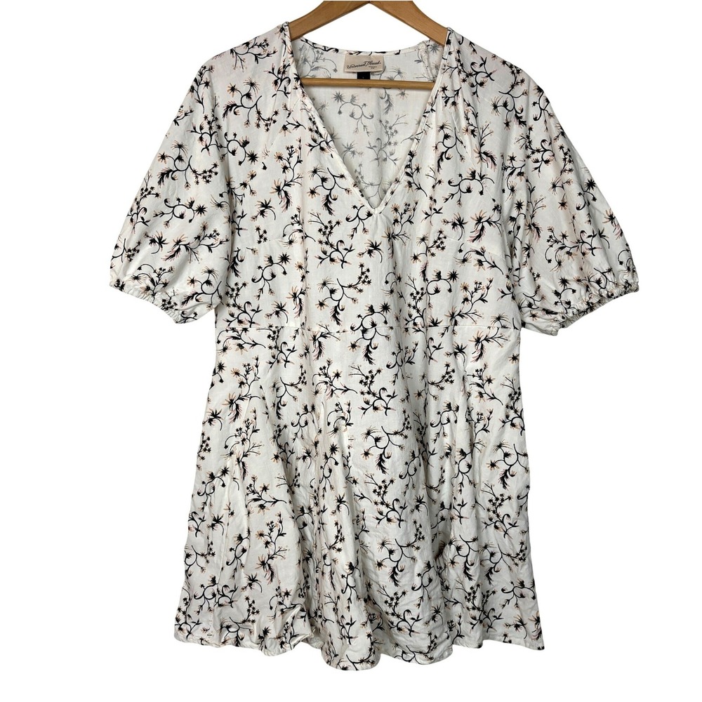 Universal Thread Puff Sleeve Babydoll Mini Dress Large White Floral Boho Pockets